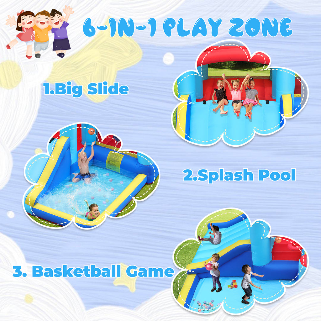 Inflatable Water Slide Bounce House with Splash Pool & Basketball Rim O335570