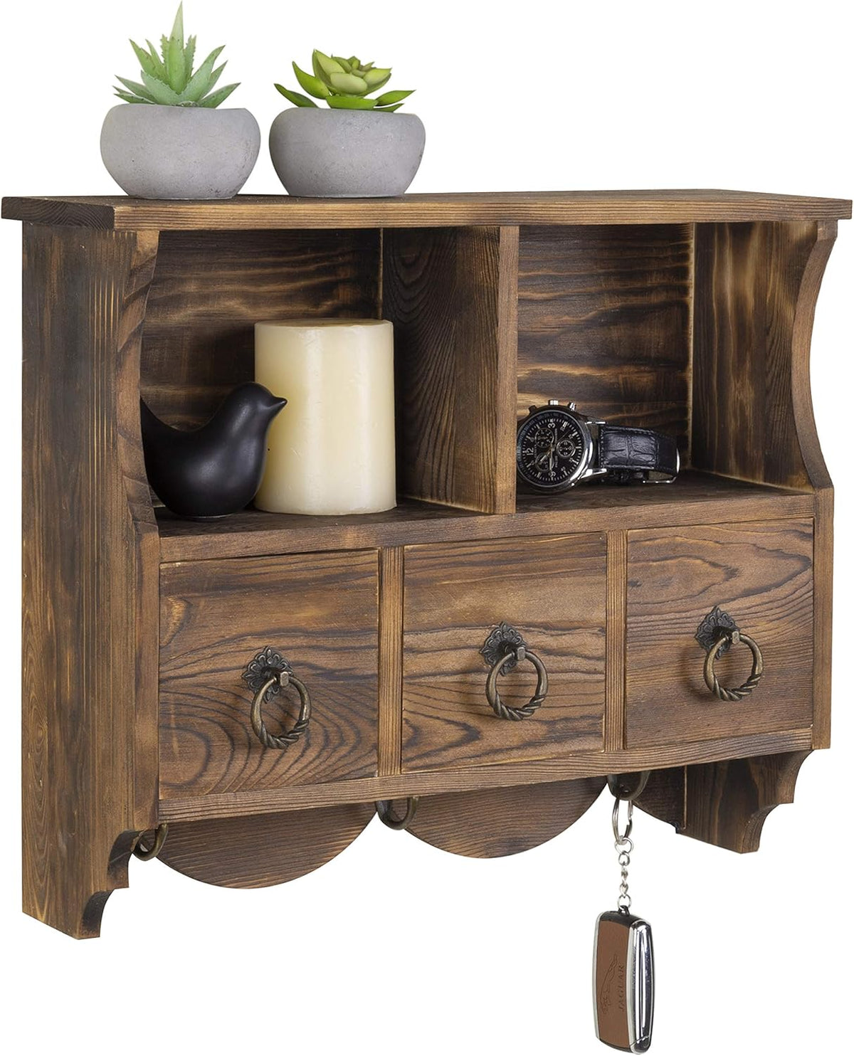 Torched Wood Wall Shelf with 3 Drawers and Key Hooks, Pack of 2 E996