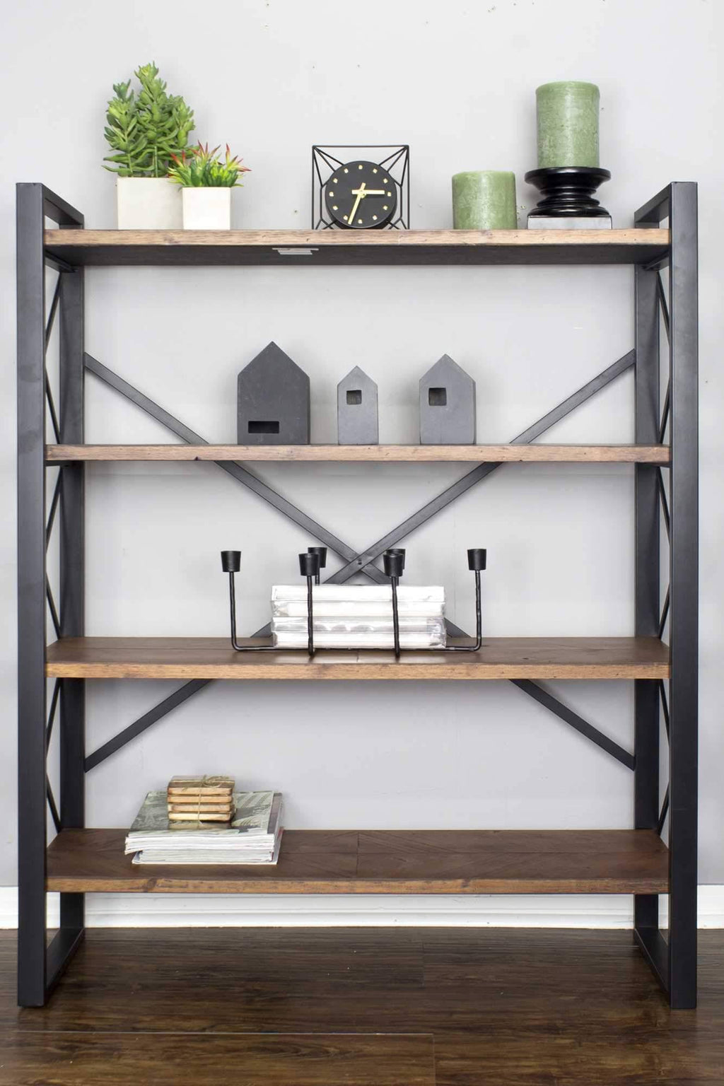 Natural Metal Wood MDF Bookcase with 4 Shelves Black Q53302