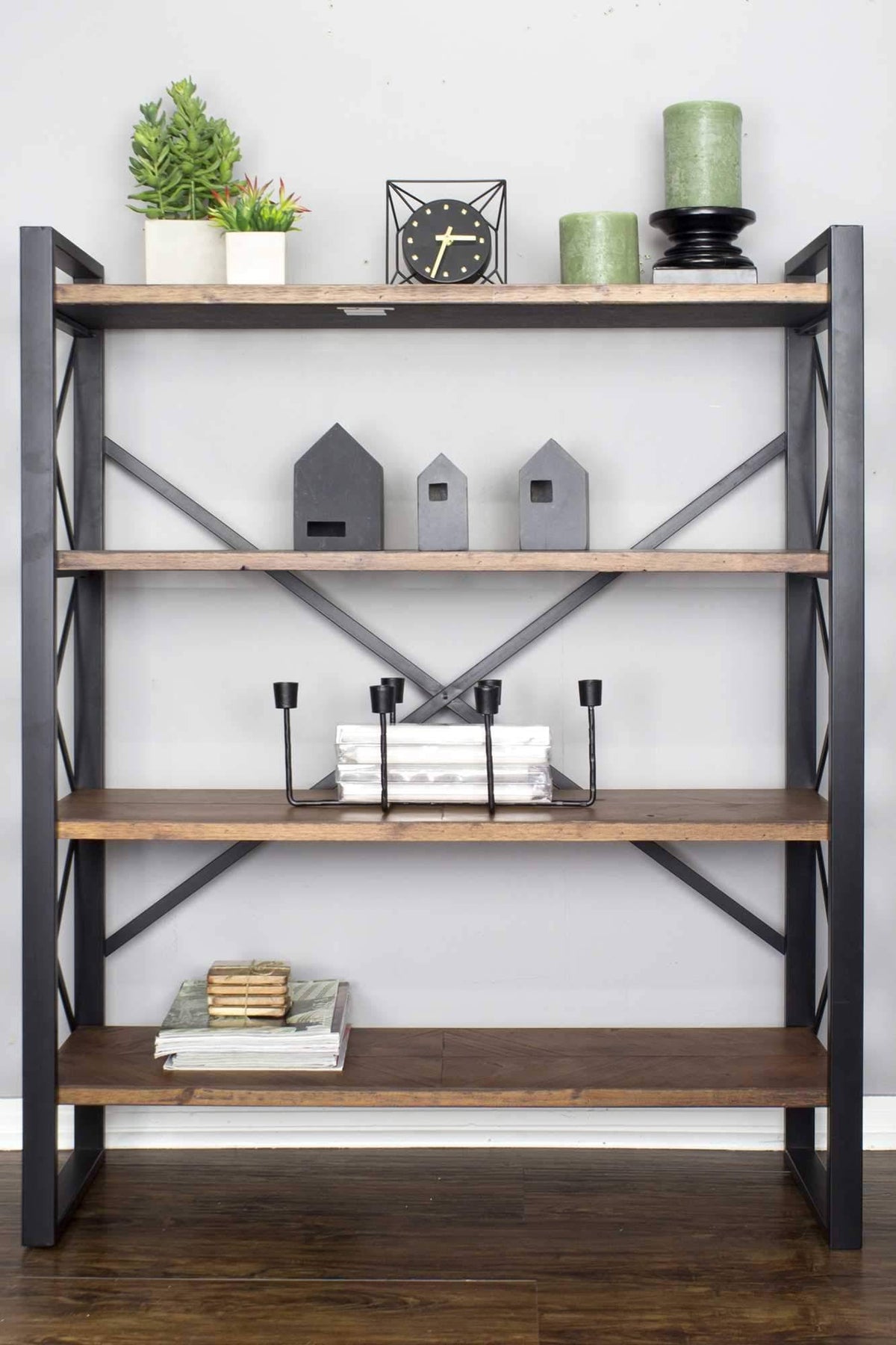 Natural Metal Wood MDF Bookcase with 4 Shelves Black Q53302