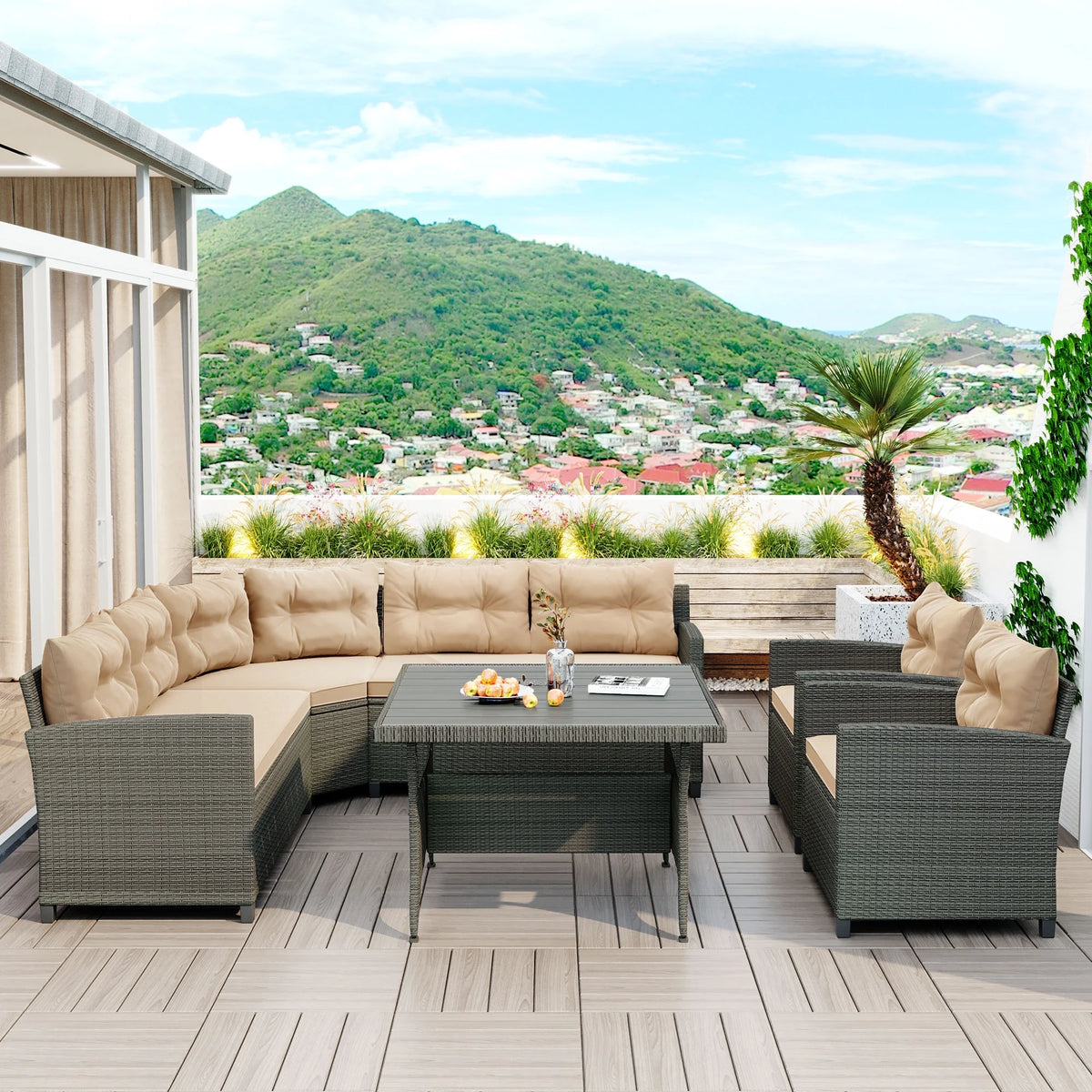 6-Piece Outdoor Wicker Sofa Set with Cushions and Pillows V239122