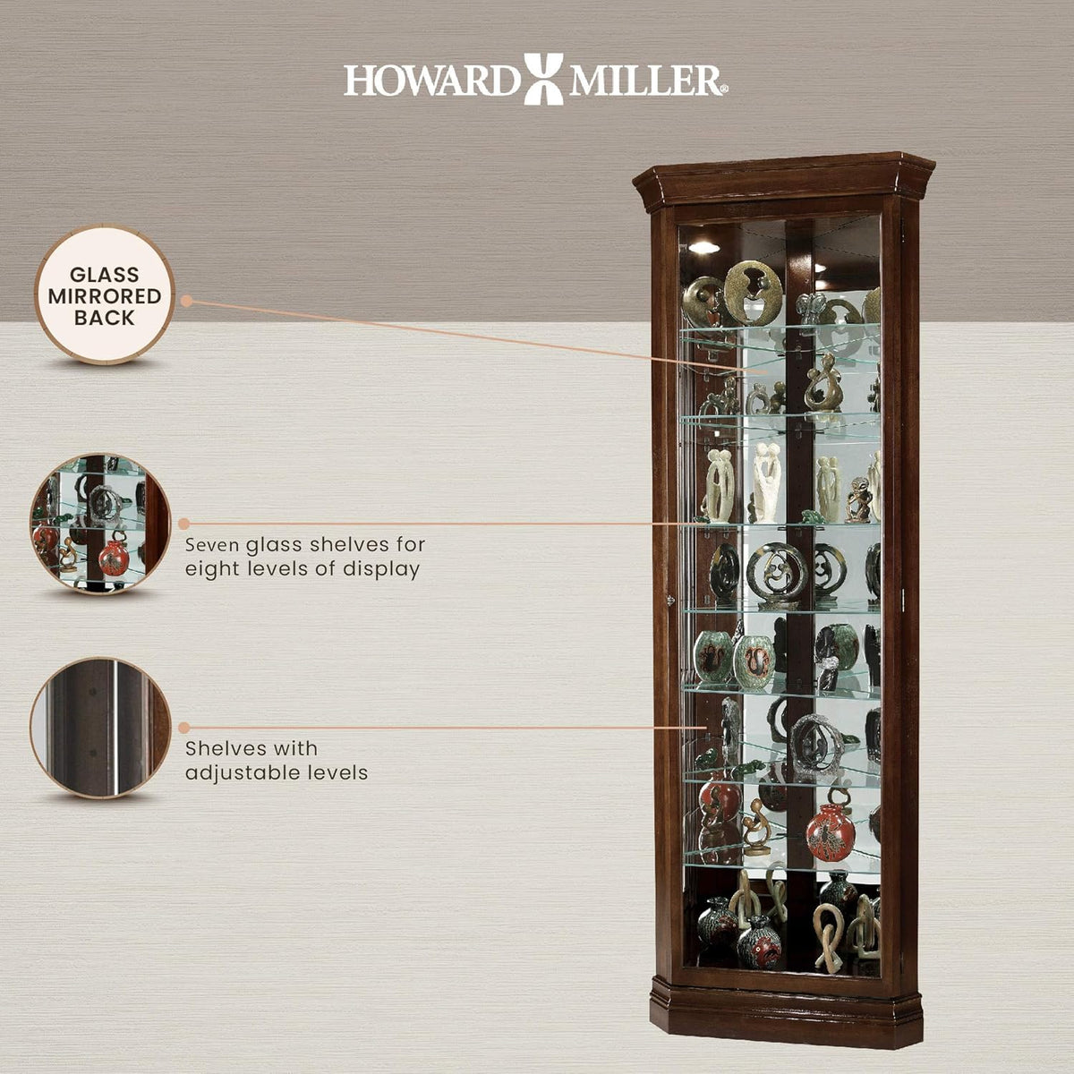Cherry Bordeaux Finish Corner Curio Cabinet with Seven Glass Shelves Q4202