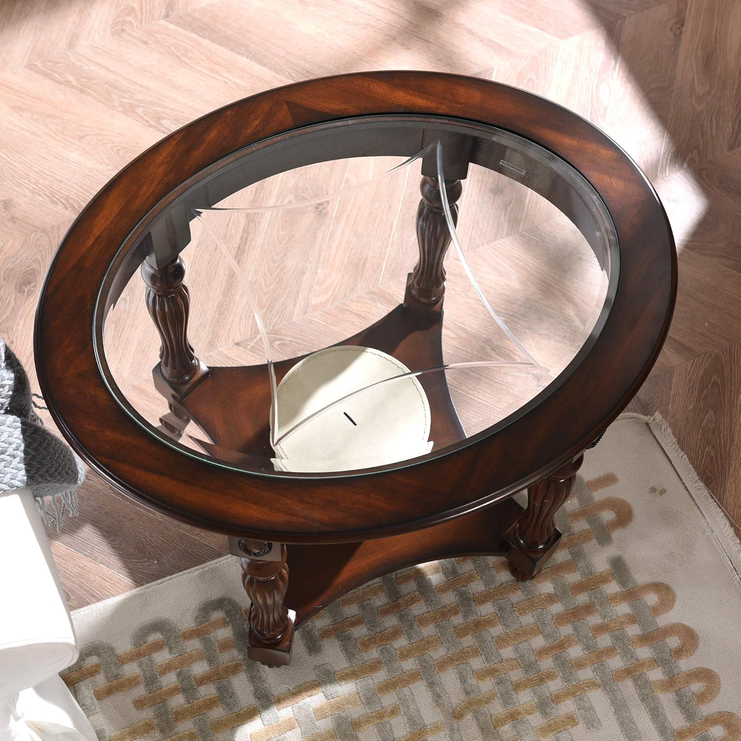 Solid Wood End Table with Tempered Glass and Storage Shelf P8489