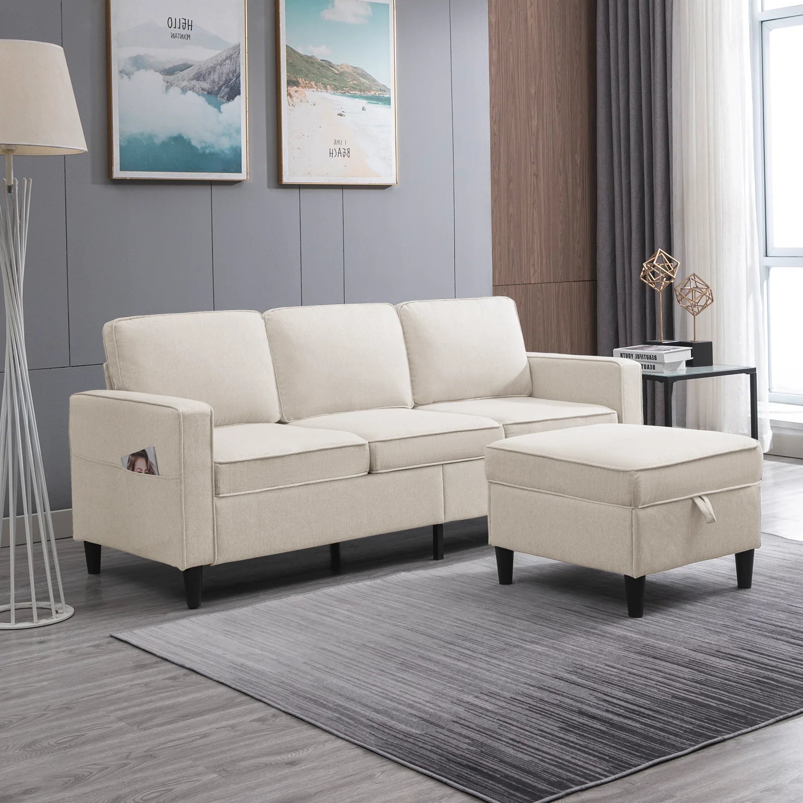 Beige Convertible Sectional Sofa Couch with Storage Ottoman N247