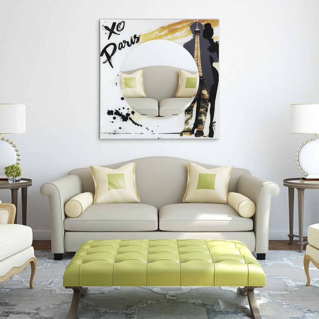 36 in. Square Reverse Printed Tempered Glass Art with 24 in. Round Beveled Mirror Z593