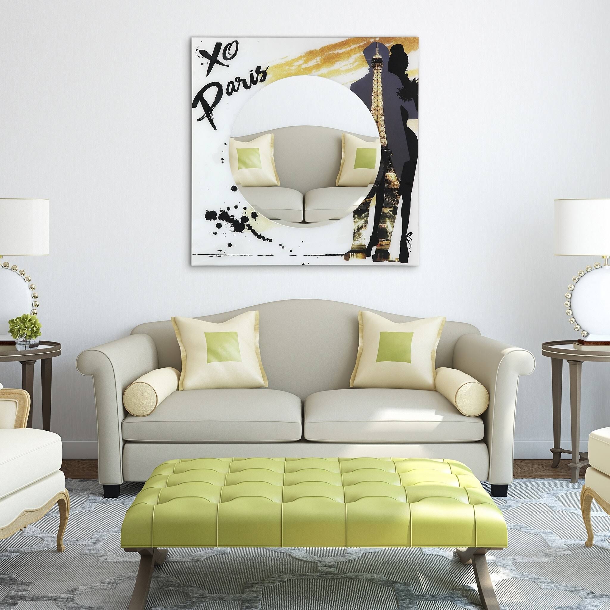 36 in. Square Reverse Printed Tempered Glass Art with 24 in. Round Beveled Mirror Z593