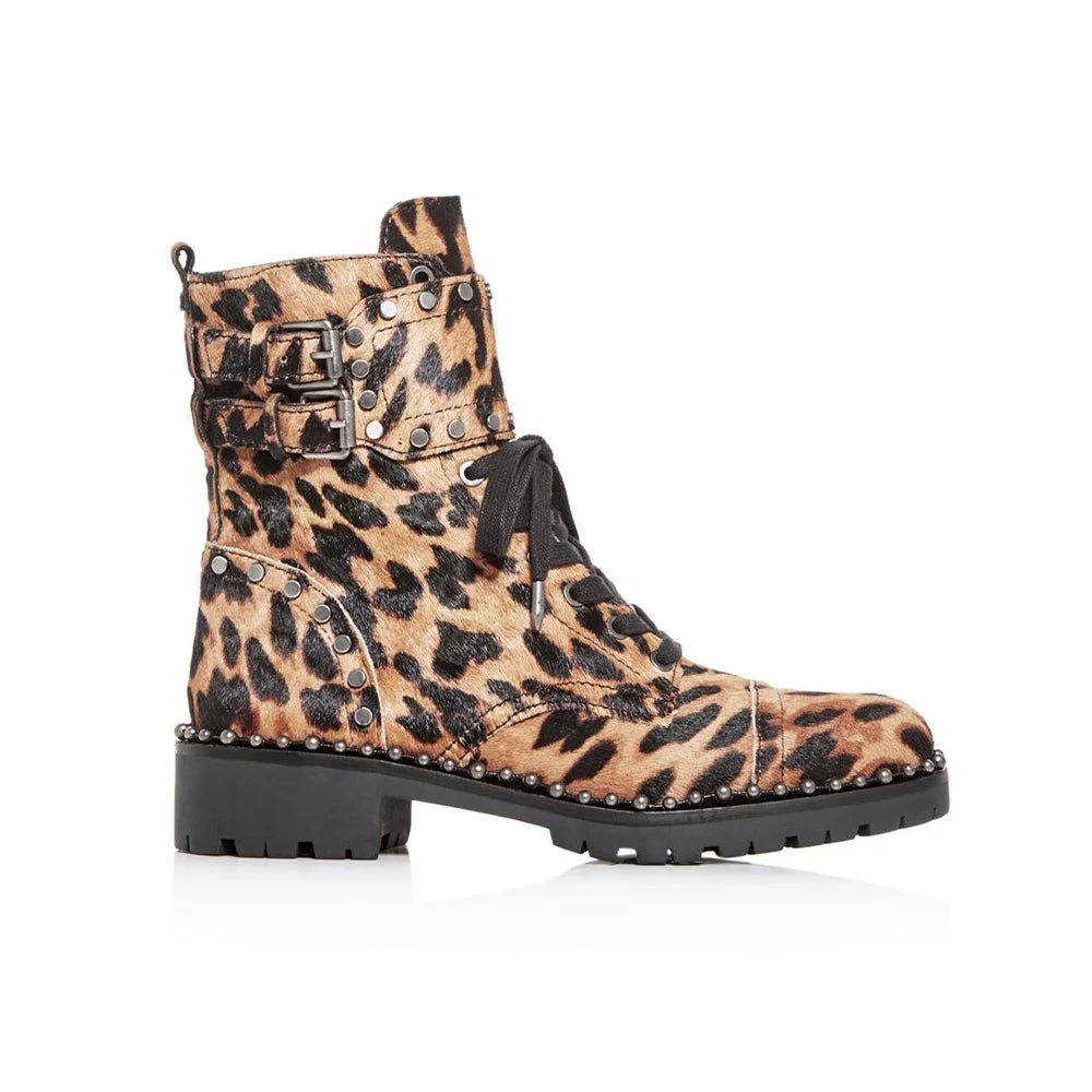 Brown Leopard Print Calf Hair Combat Boots W433