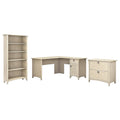 Antique White L Shaped Desk with Lateral File Cabinet and 5 Shelf Bookcase V527