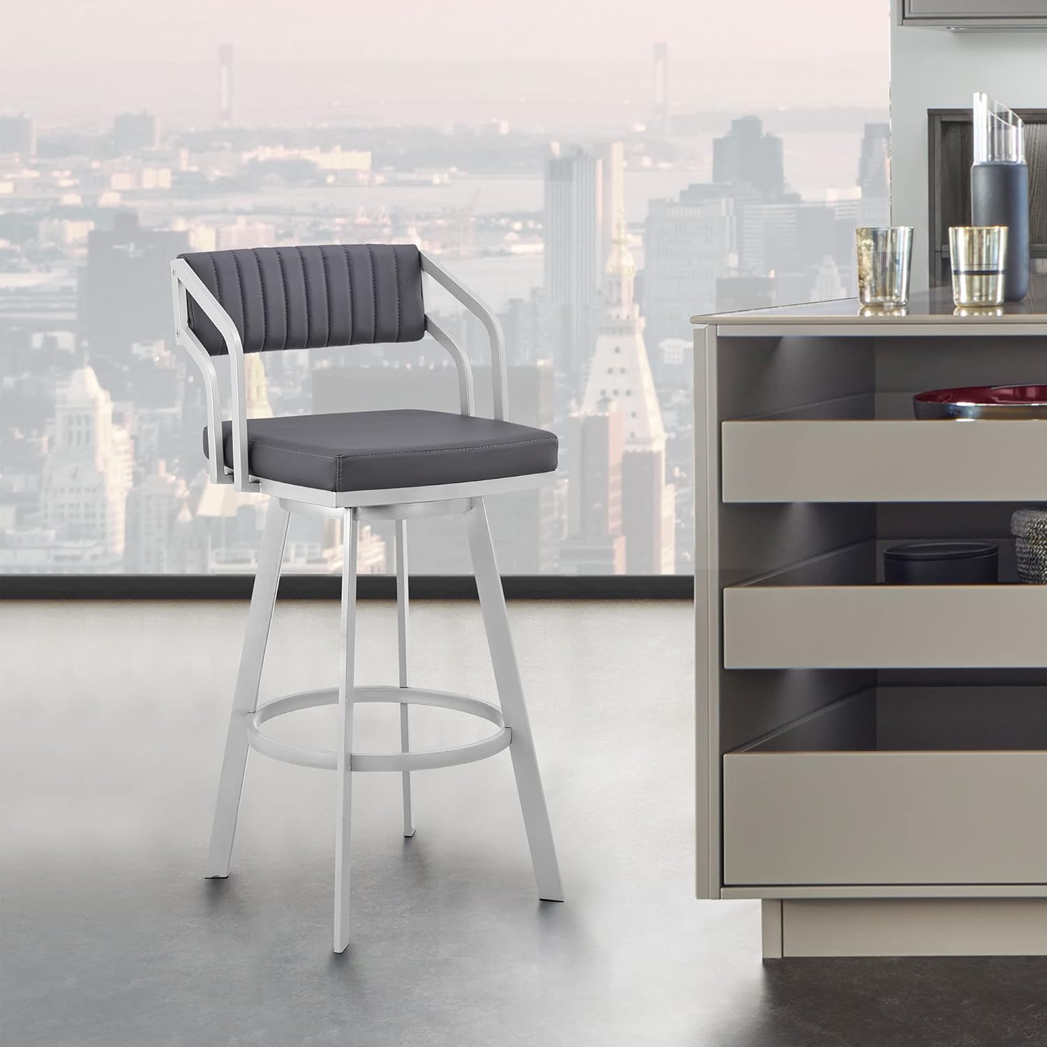 26 Counter Height Swivel Barstool with Black Finish and Slate Grey Faux Leather Y323