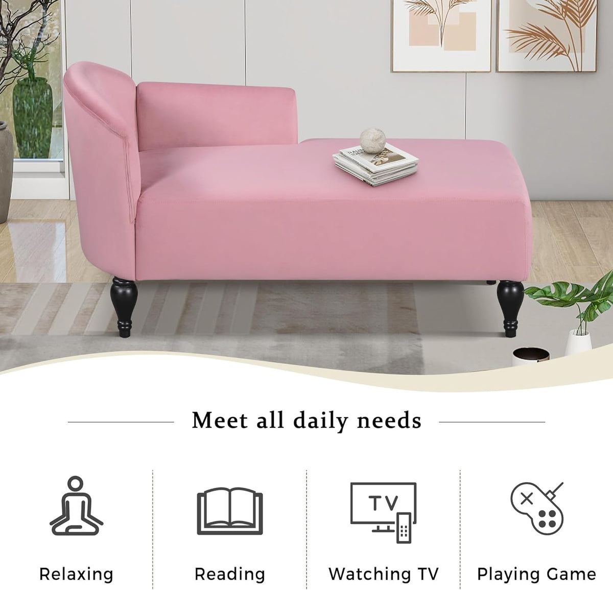 Velvet Upholstered Chaise Lounge Chair with Solid Wood Legs G1304