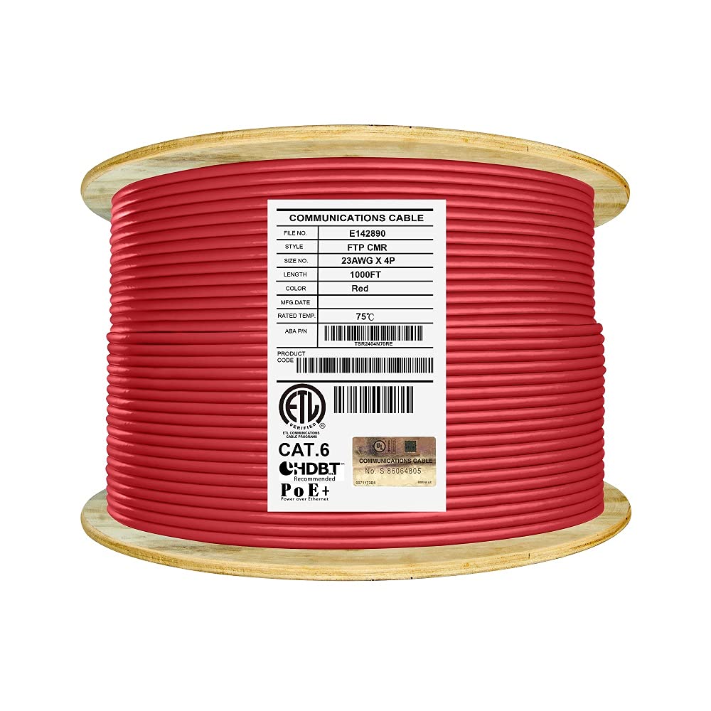 Bulk Ethernet Cable Reel, Cat6 Shielded Riser, 1000ft, F/UTP 23AWG, Solid Bare Copper, Orange W3994