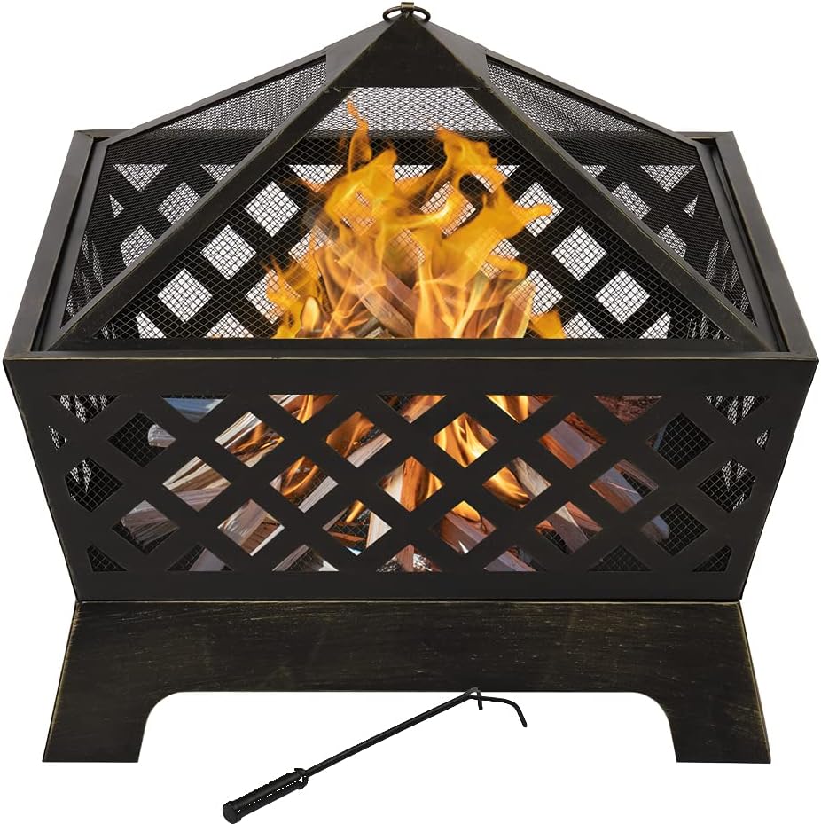22 inch Steel Firepit Bowl with Mesh Spark Screen Cover Log Grate Wood Fire Poker Z8939