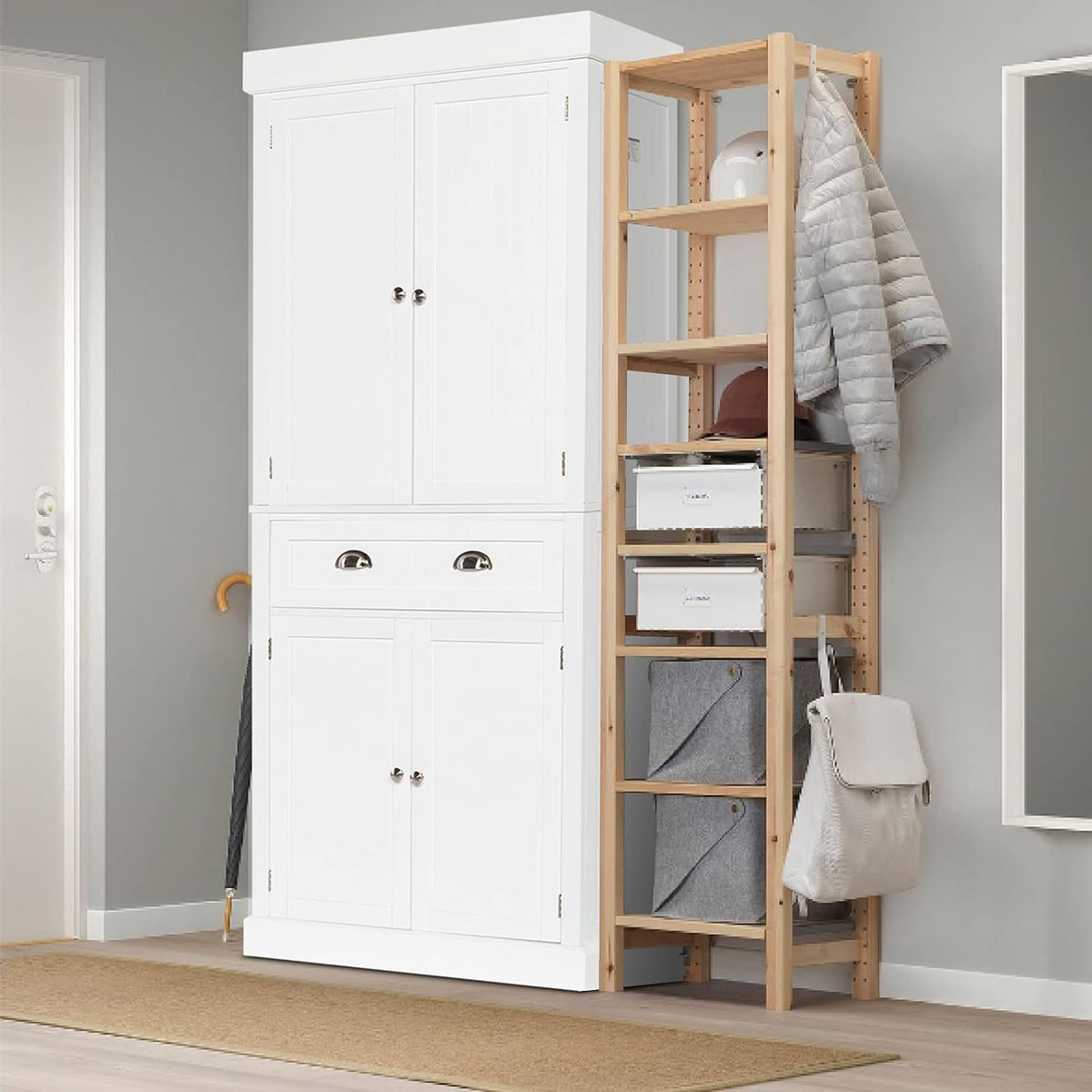 72" Freestanding White Storage Cabinet with Doors and Shelves I72842