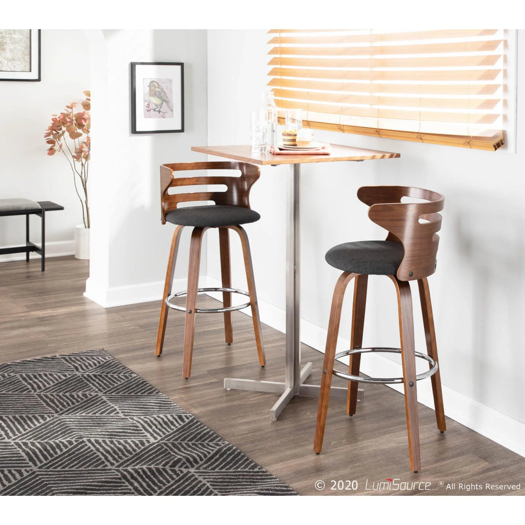 Mid-Century Modern Barstool With Swivel In Walnut And Charcoal Fabric - Set Of 2 U385115