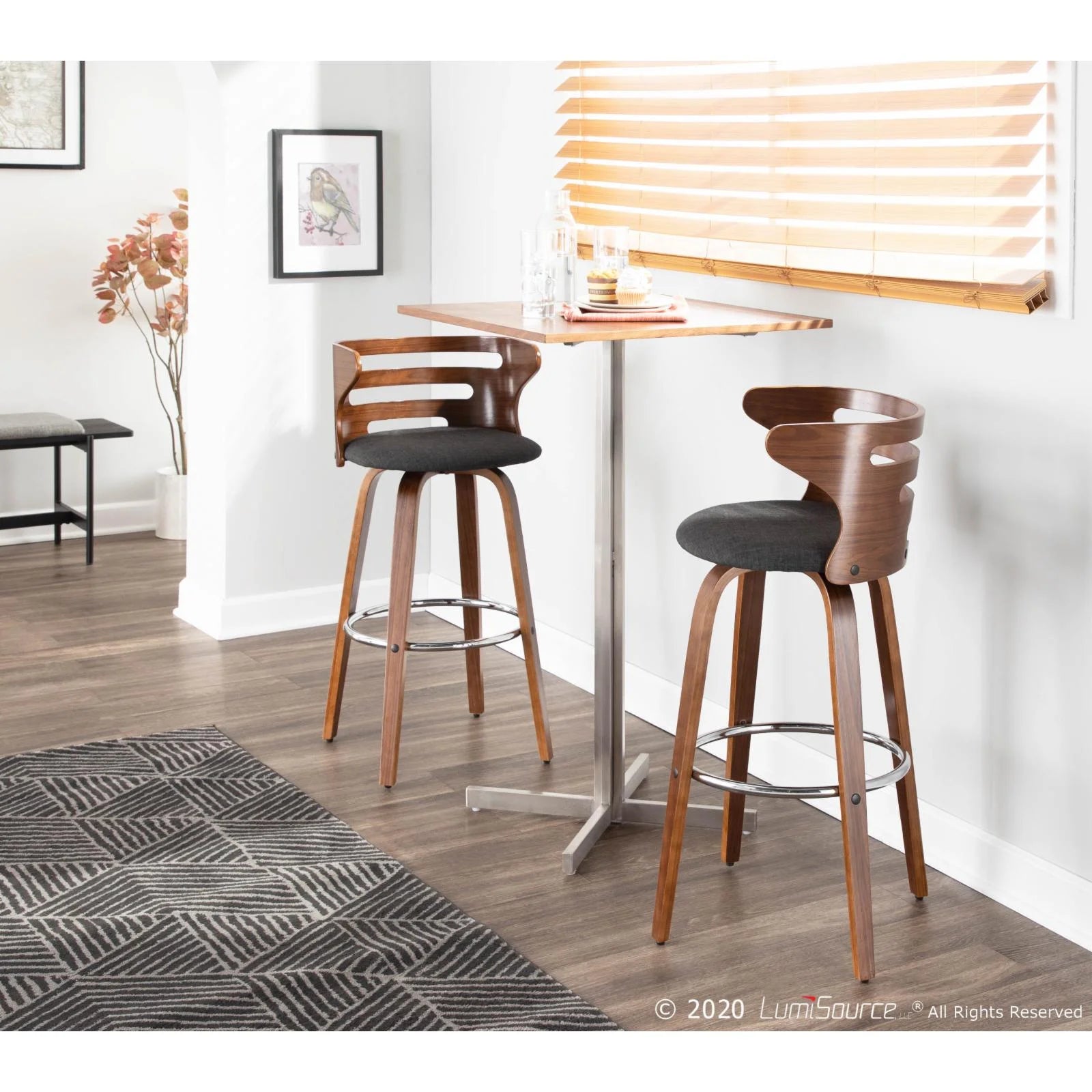 Mid-Century Modern Barstool With Swivel In Walnut And Charcoal Fabric - Set Of 2 U385115