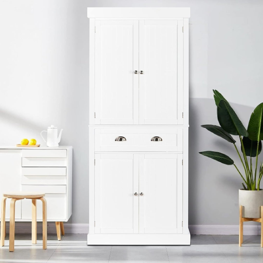 72" Freestanding White Storage Cabinet with Doors and Shelves I72842