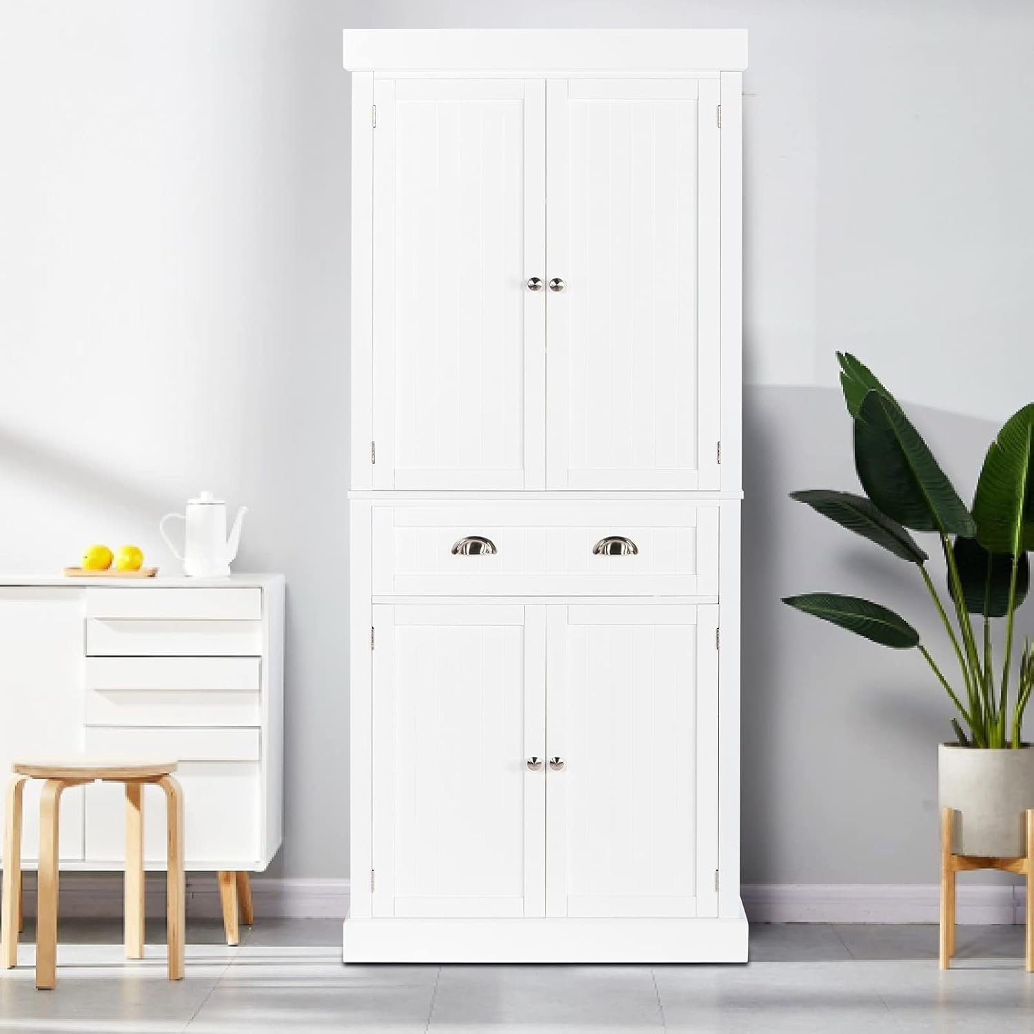 72" Freestanding White Storage Cabinet with Doors and Shelves I72842