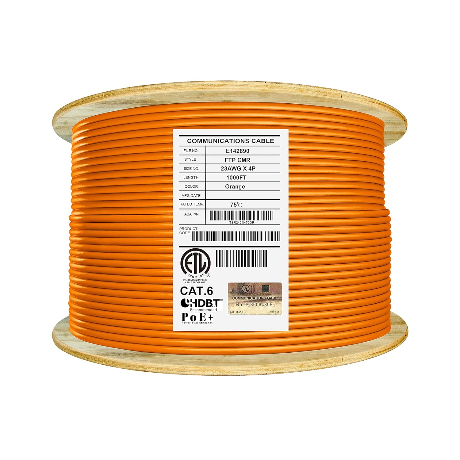 Bulk Ethernet Cable Reel, Cat6 Shielded Riser, 1000ft, F/UTP 23AWG, Solid Bare Copper, Orange W3994