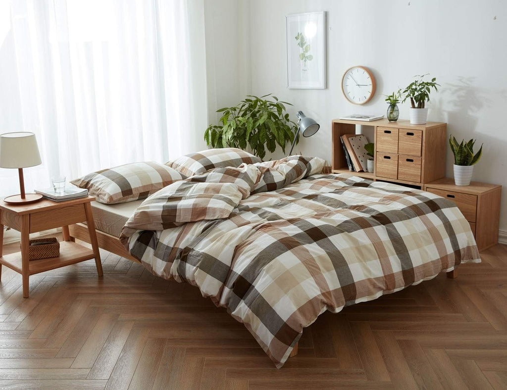 Green Plaid King Duvet Cover 3pcs Bedding Set, 100% Yarn Dyed Washed Cotton L217