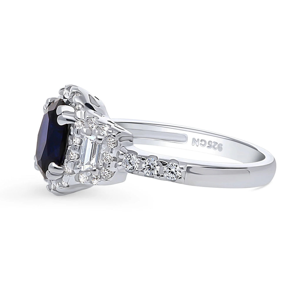 Sterling Silver Simulated Blue Sapphire Cubic Zirconia Halo Ring, Rhodium Plated Size 6 V49678