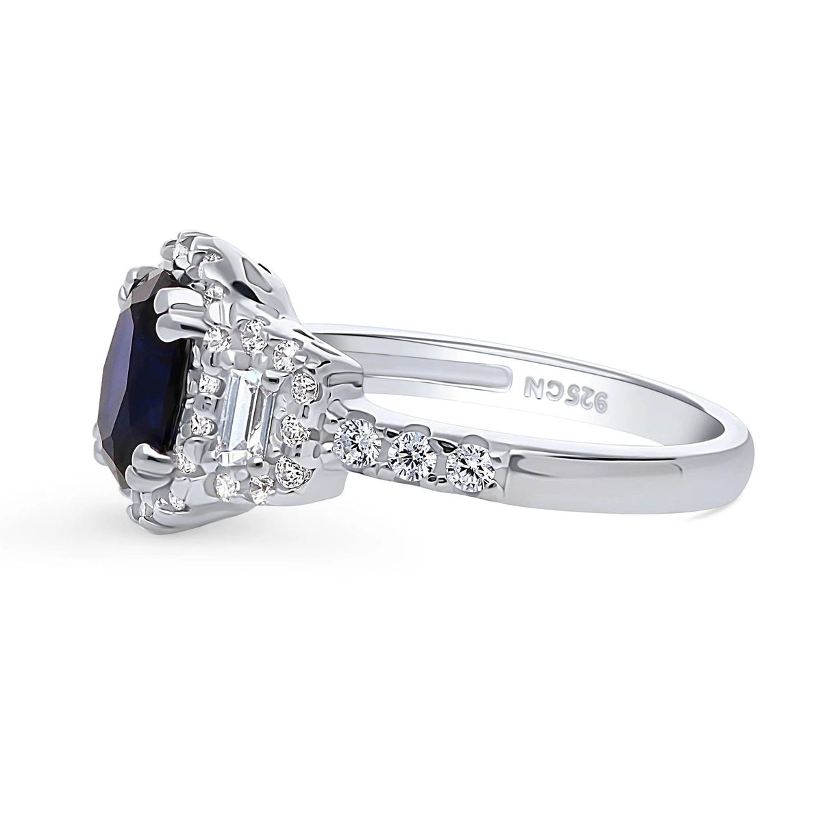 Sterling Silver Simulated Blue Sapphire Cubic Zirconia Halo Ring, Rhodium Plated Size 6 V49678