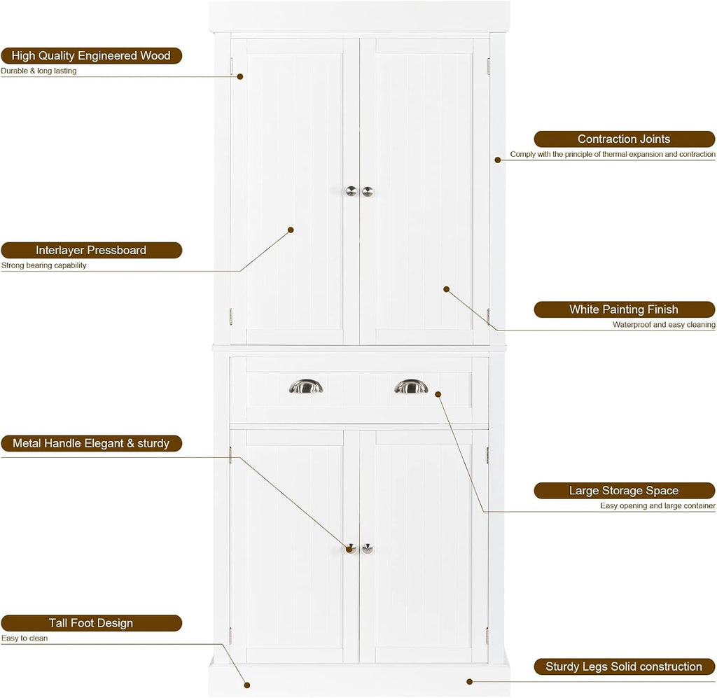 72" Freestanding White Storage Cabinet with Doors and Shelves I72842