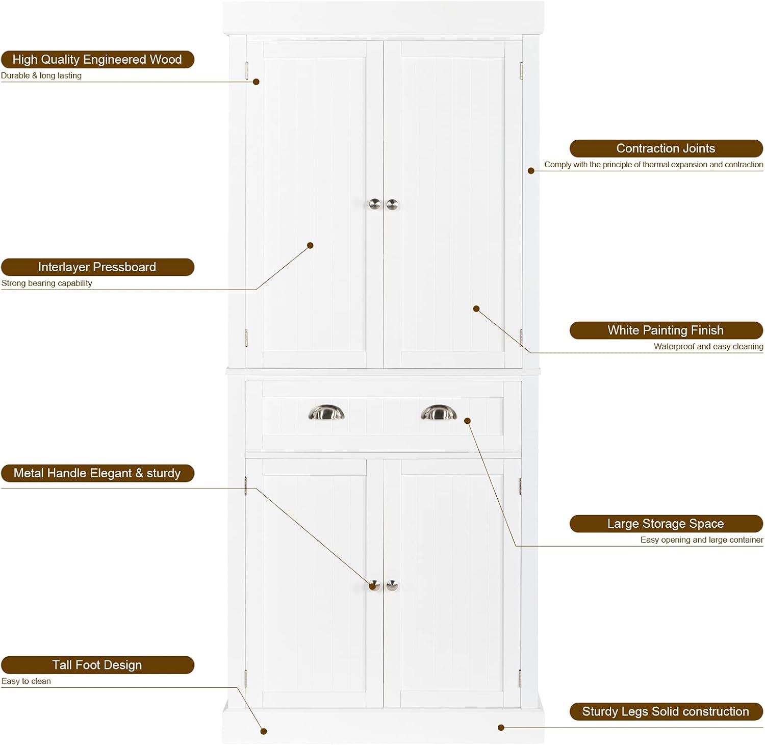 72" Freestanding White Storage Cabinet with Doors and Shelves I72842