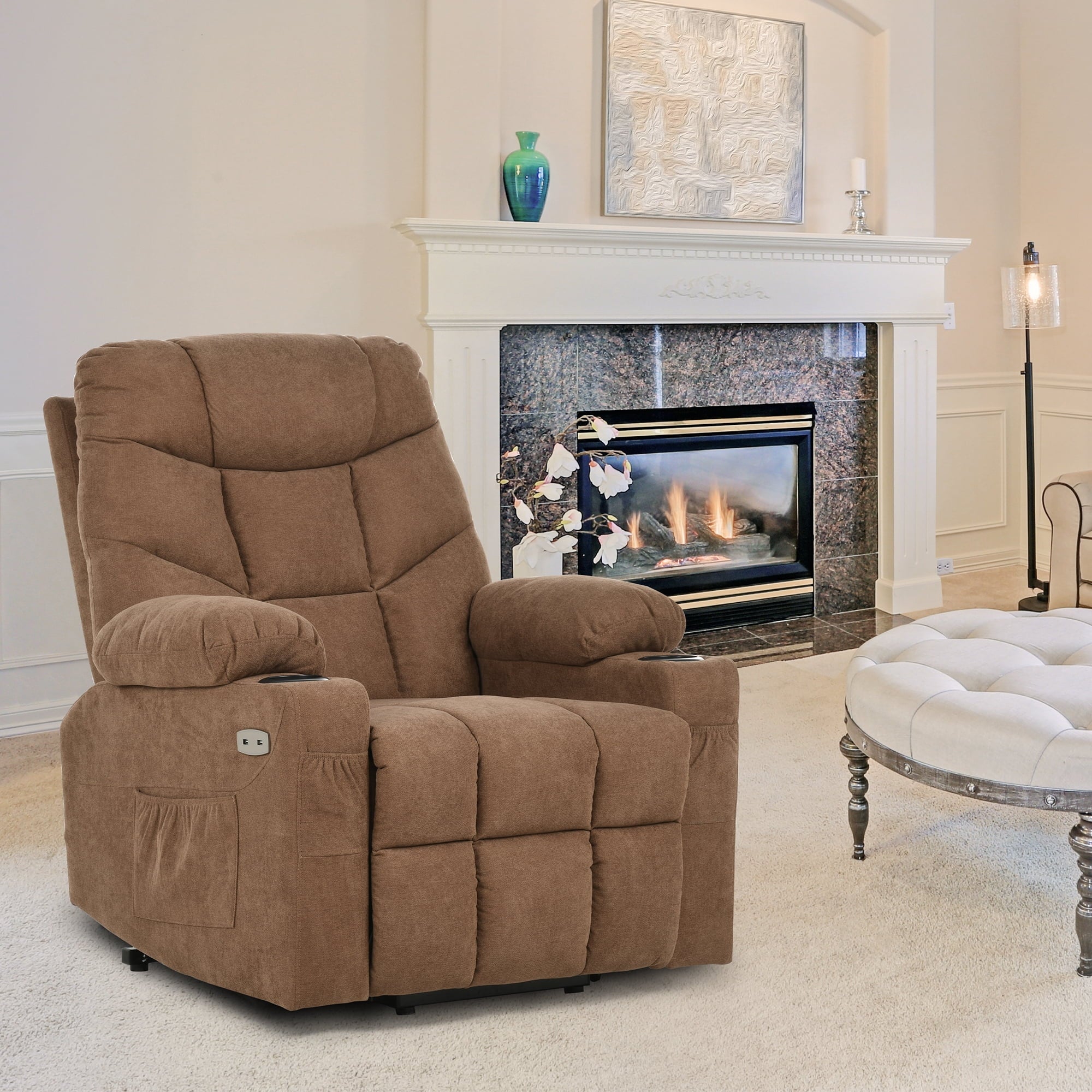 Brown Fabric Power Lift Recliner Chair with Massage and Heat G93205