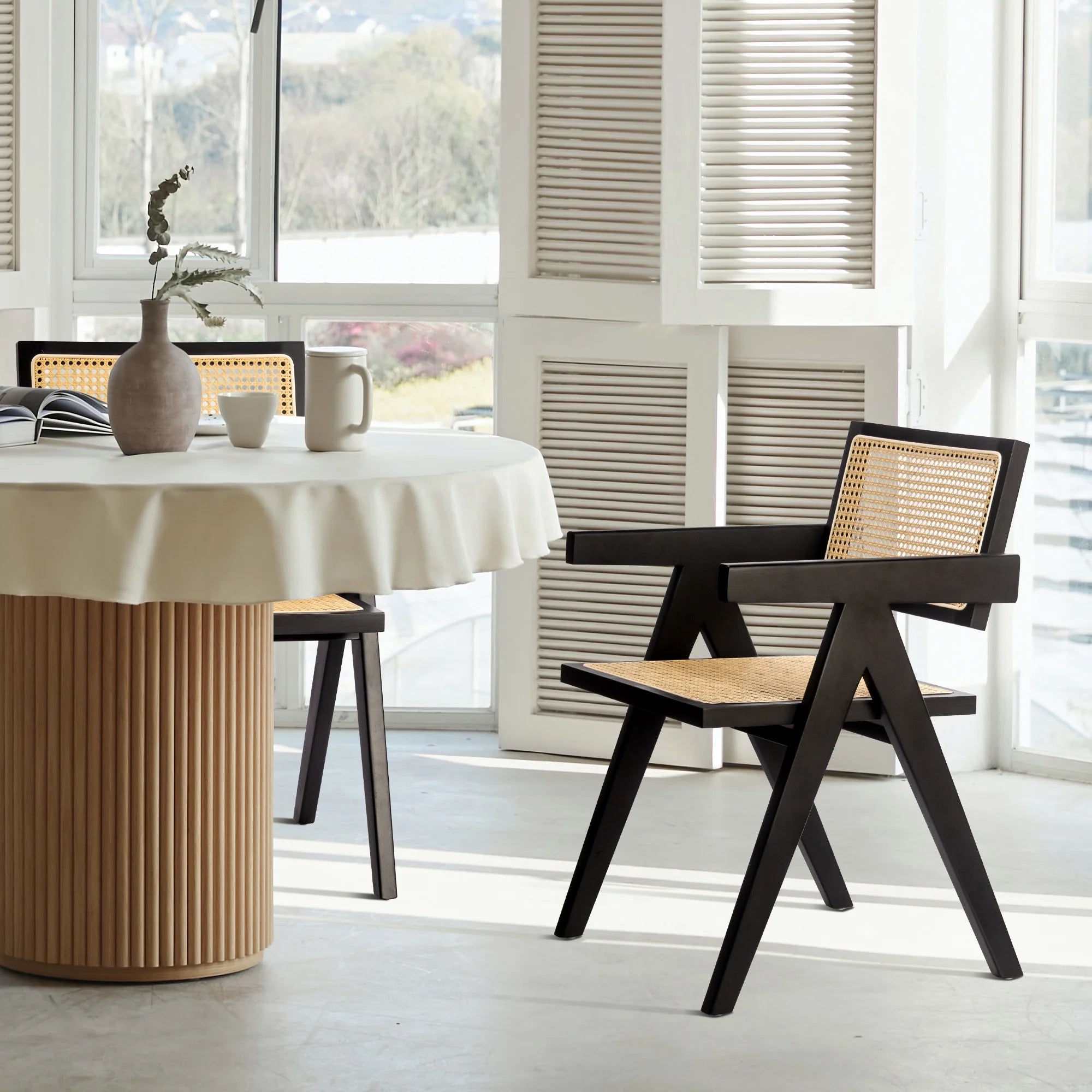 Black Rattan Dining Chairs with Arms, Set of 2 M875945