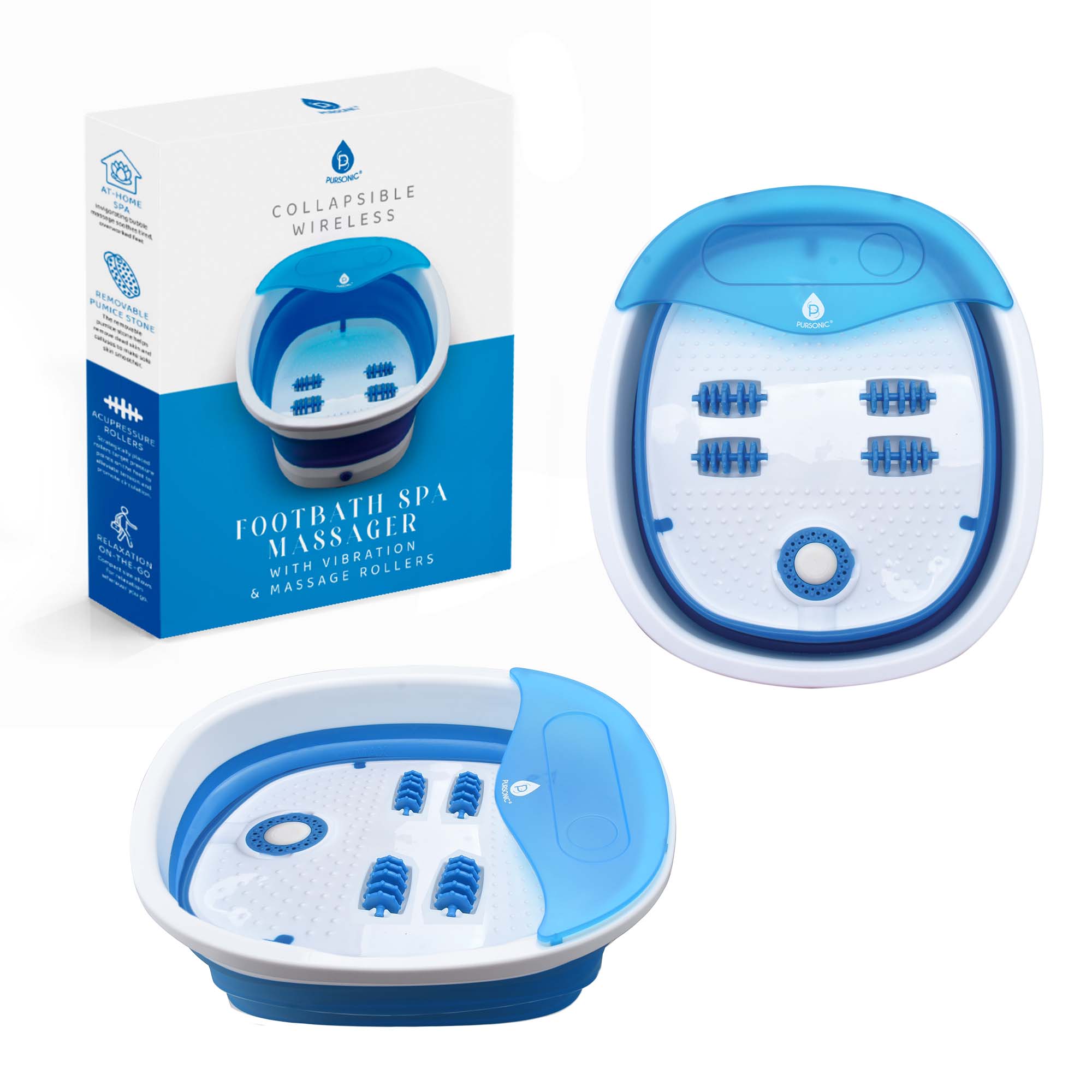 The Ultimate Relaxation Trio: Wooden Foot Massager, Collapsible Wireless Footbath, & Portable Handheld Massager
